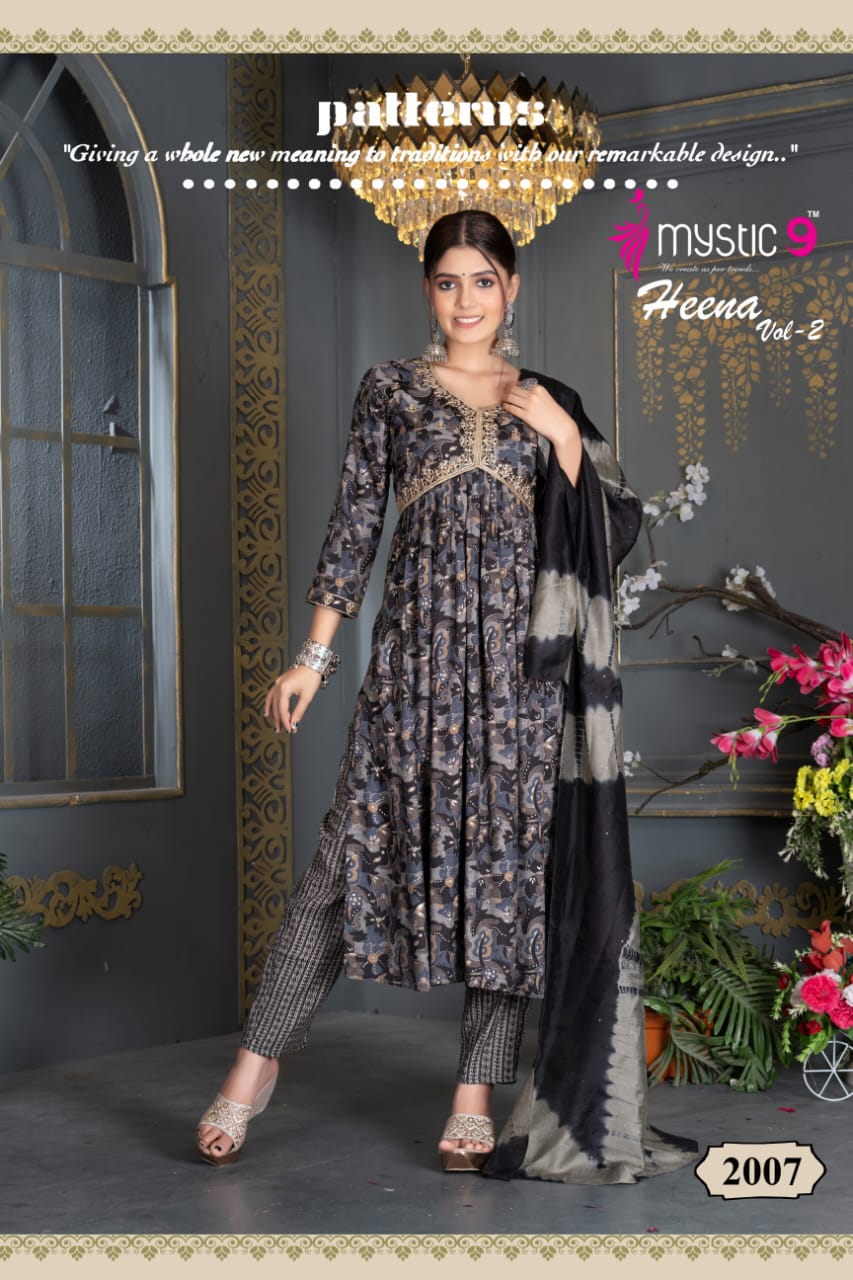 Heena Vol 2 By Mystic 9 Rayon Printed Embroidery Kurti With Bottom Dupatta Wholesale Shop In Surat